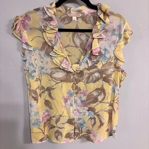 NWOT St John Couture Floral Ruffle V-neck Blouse - Yellow, Multi Sz 16 runs sm